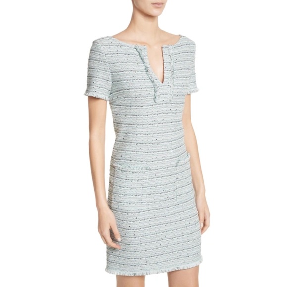 St. John Collection ‘Riana’ Tweed Fringe Split-neck Mint Green & Blue Dress - Picture 3 of 16